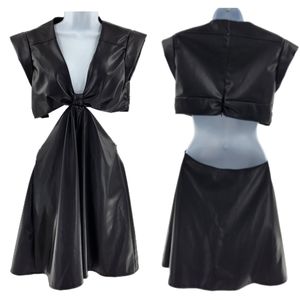 Jason Wu Black Faux Leather Cap Sleeve Knot  Front Cut Out Mini Dress Size Mediu